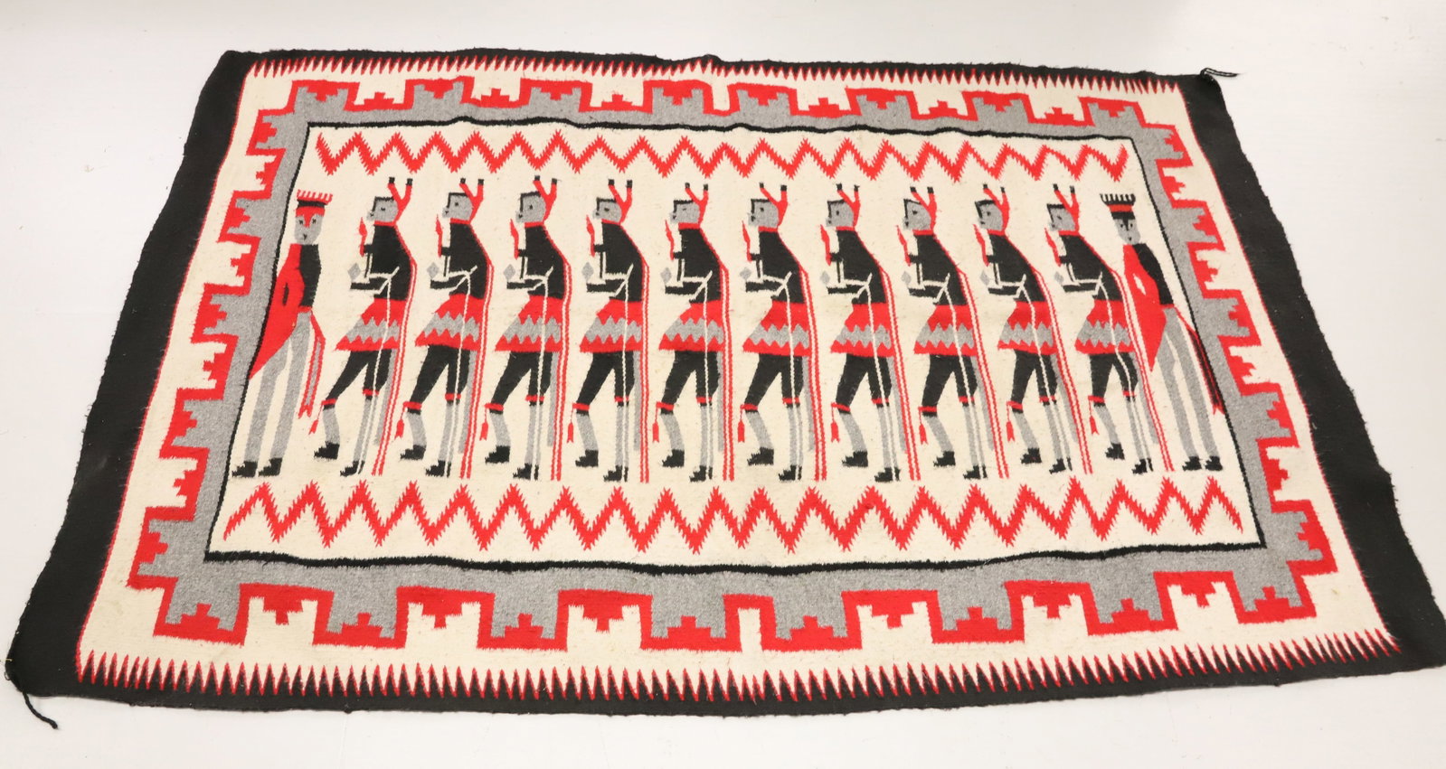 VINTAGE NAVAJO-STYLE YEI RUG: PICTORIAL RUG IN CREAM / RED / BLACK / GRAY. 87" X 55".