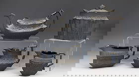 (5) BASALT HOLLOWARE: TEAPOT NO LID ROSE PATTERN IMPRESSED WHEEL MARK, SUGAR BOWL AND LID NO MARKS, IRISH PATTERN CREAMER WEDGWOOD, RECTANGLE CREAMER #15 MARK, GOTHIC CREAMER WEDGWOOD 5" X 5 1/2" PLEASE READ CAREFULLY - Te