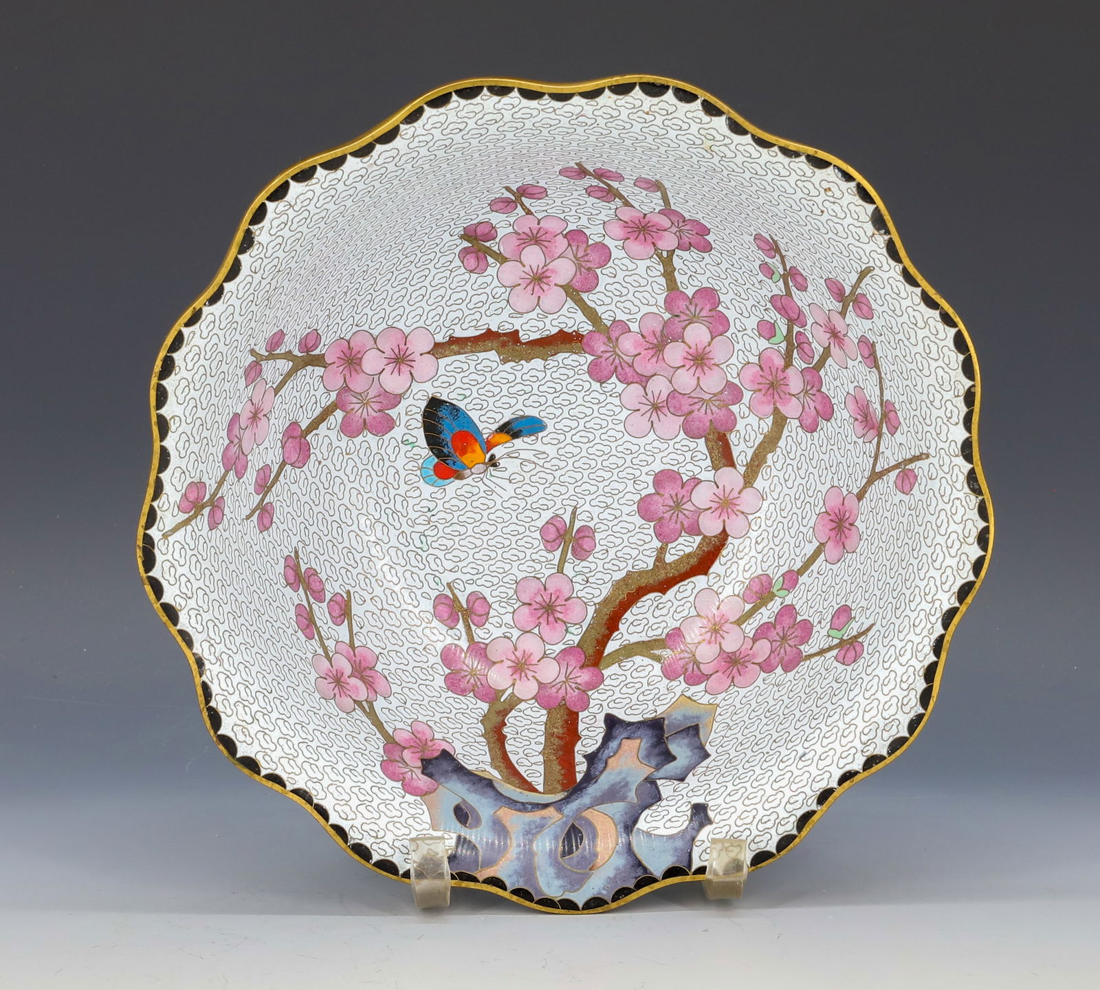 CHINESE CLOISONNE BOWL: WITH ORIGINAL LABEL JINGFA WHITE CLOUD BACKGROUND, CHERRY BLOSSOMS AND BUTTERFLY 3 1/4" X 9" PLEASE READ CAREFULLY - Terms for Purchasing and Shipping of Auction Items. Please read carefully before bi