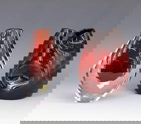 ORREFORS AND BLENKO VASE: ORREFORS CASED RED VASE WITH ORIGINAL LABEL, BLOWN RED GLASS BLENKO PINCHED VASE WITH PONTIL 5 1/2"H,5"H PLEASE READ CAREFULLY - Terms for Purchasing and Shipping of Auction Items. Please read careful