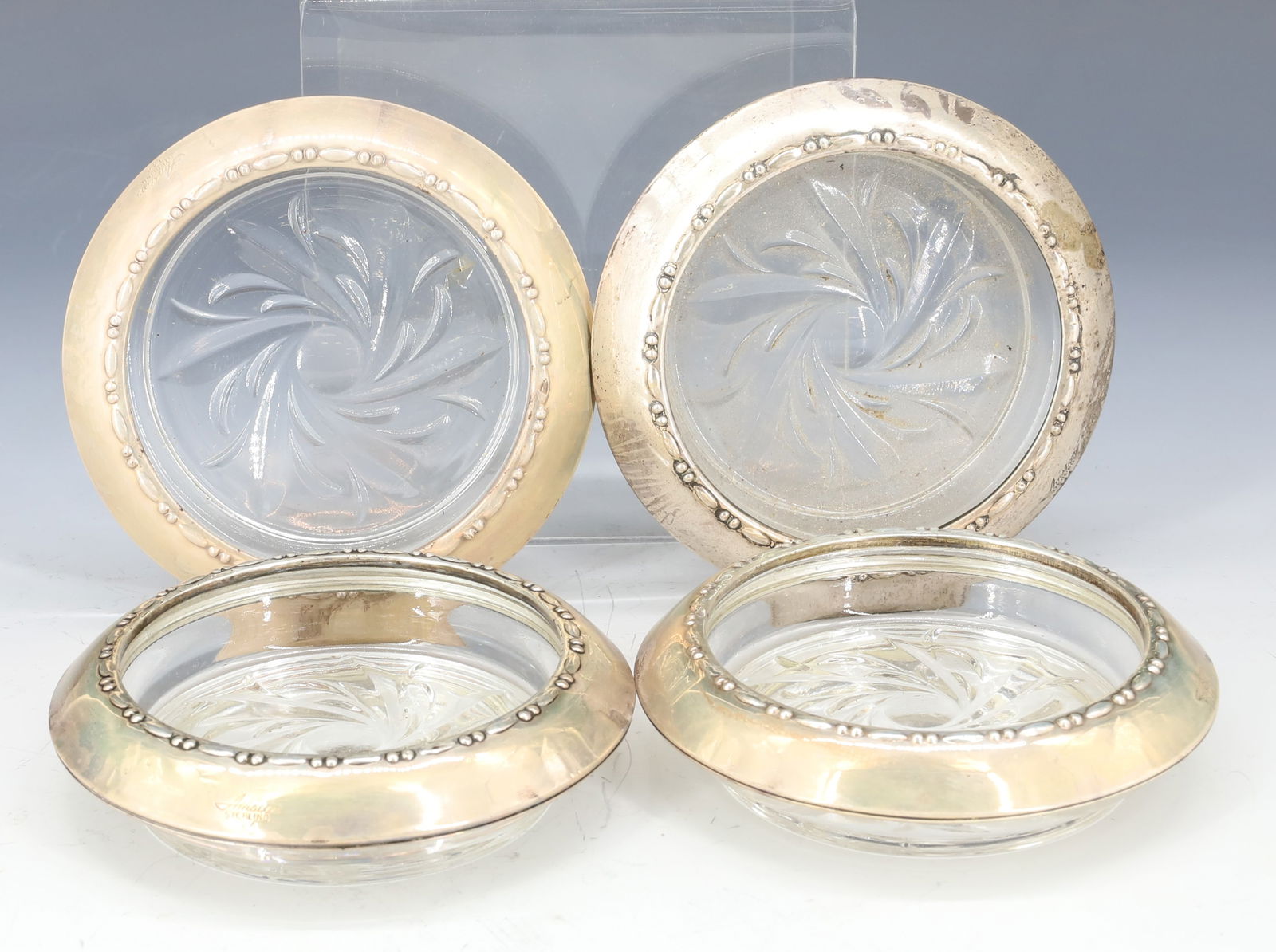 (4) STERLING SILVER RIM COASTER: STERLING SILVER AND GLASS (4) ALL MATCHING 1" X 4" DIA PLEASE READ CAREFULLY - Terms for Purchasing and Shipping of Auction Items. Please read carefully before bidding. Hartzell’s Auction Gallery. H