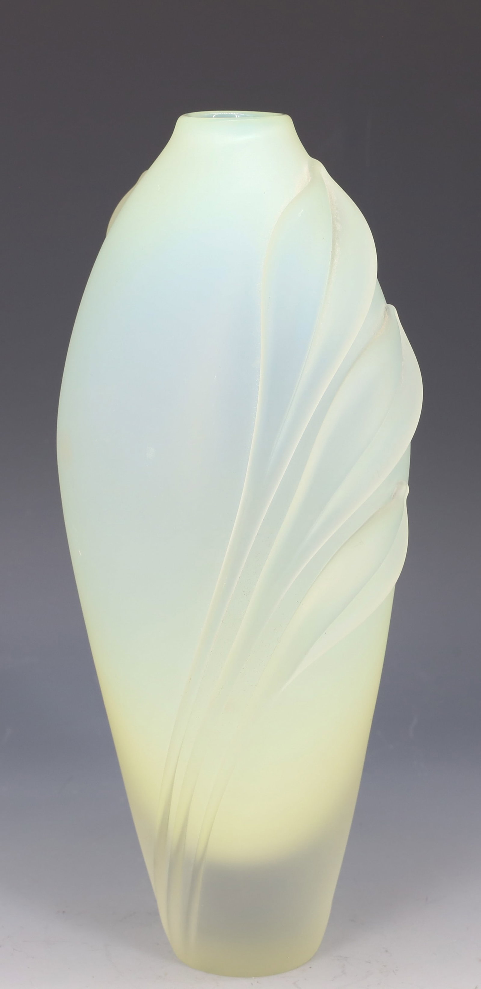 WILLIAM GLASNER ART GLASS VASE: YELLOW OPALESCENT BODY WITH APPLIED LEAVES SIGNED WM GLASNER #LAVI7 GROUND BASE 9 1/2"H PLEASE READ CAREFULLY - Terms for Purchasing and Shipping of Auction Items. Please read carefully before bidding