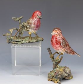 PAIR OF ENAMEL ON COPPER BIRDS
