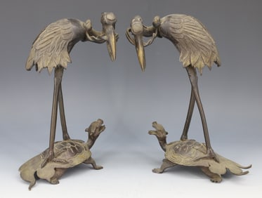 ANTIQUE PAIR JAPANESE HERON ON TORTOISE FIGURINES