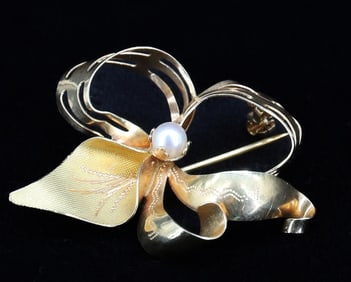 18K YELLOW GOLD PEARL BROOCH