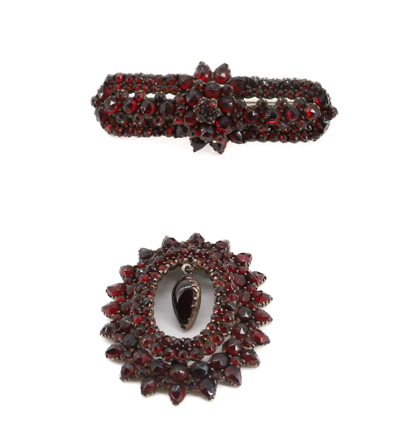 (2) VICTORIAN GARNET BROOCH,PENDANT: BOTH IN SILVER SETTINGS PENDANT AND BROOCH 1 1/2{" X 1 1/2",3/4" X 2" PLEASE READ CAREFULLY - Terms for Purchasing and Shipping of Auction Items. Please read carefully before bidding. Hartzell’s Auc