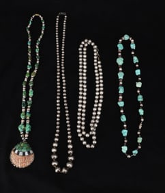 (4) BEAD STRANDS, SILVER, TURQUOISE