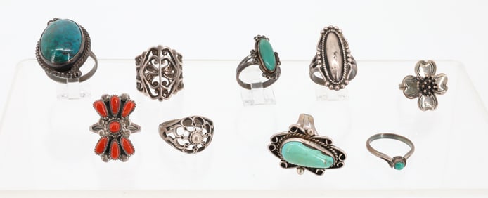 (9) STERLING SILVER RINGS NATIVE AMERICAN