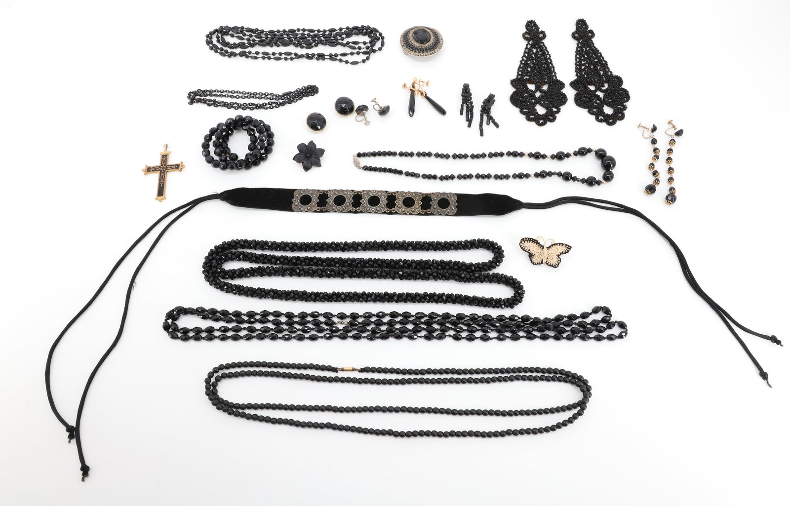 ANTIQUE BLACK MOURNING JEWELRY: NECKLACE WIDE VELVET BAND WITH STERLING SILVER, DAMASCENE CROSS, MATTE AND GLOSS BLACK BEADS 18" TO 48" PLEASE READ CAREFULLY - Terms for Purchasing and Shipping of Auction Items. Please read carefull