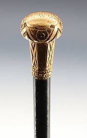 VICTORIAN WALKING STICK GOLD FILLED: ORNATE AND THICK GOLD FILLED TOP MARKED LYON MAKER WALKING STICK WITH BRASS FERRULE 35" PLEASE READ CAREFULLY - Terms for Purchasing and Shipping of Auction Items. Please read carefully before bidding