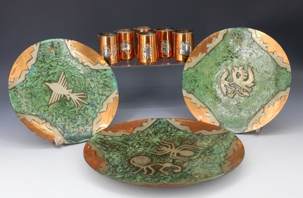 (9) MEXICAN STERLING AND COPPER CREAMERS AND COPPER PLATES