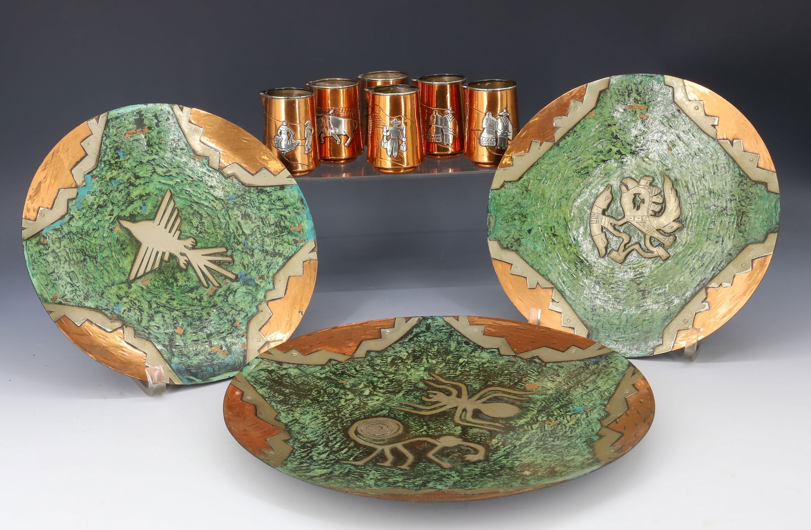 (9) MEXICAN TAXCO VICTORIA ANA NUNEZ STERLING AND COPPER CREAMERS AND COPPER PLATES (1 of 5)