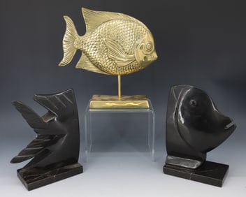 (2) ONYX CARVED FISH BOOKENDS AND BRASS FISH