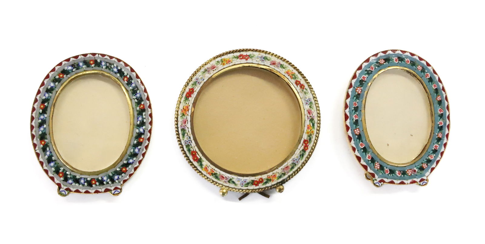 VINTAGE ITALIAN GLASS MOSIAC PHOTO FRAMES: (3) ALL HAVE BACK STANDS, GLASS 2 3/4" X 2 1/4" APPROX PLEASE READ CAREFULLY - Terms for Purchasing and Shipping of Auction Items. Please read carefully before bidding. Hartzell’s Auction Gallery. H