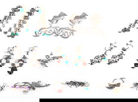 TAXCO, JOHN L DENMARK AND OTHER STERLING SILVER EARRING/JEWELRY LOT: (4) PAIR OF MEXICO EARRINGS, SPIDER,BIRD WITH TURQUOISE, CARNELIAN RING SIZE 5, AMETHYST PENDANT AND MARCASITE BROOCH TOTAL WEIGHT 2.4 OZT 2 3/4" L LARGEST PLEASE READ CAREFULLY - Terms for Purchasing