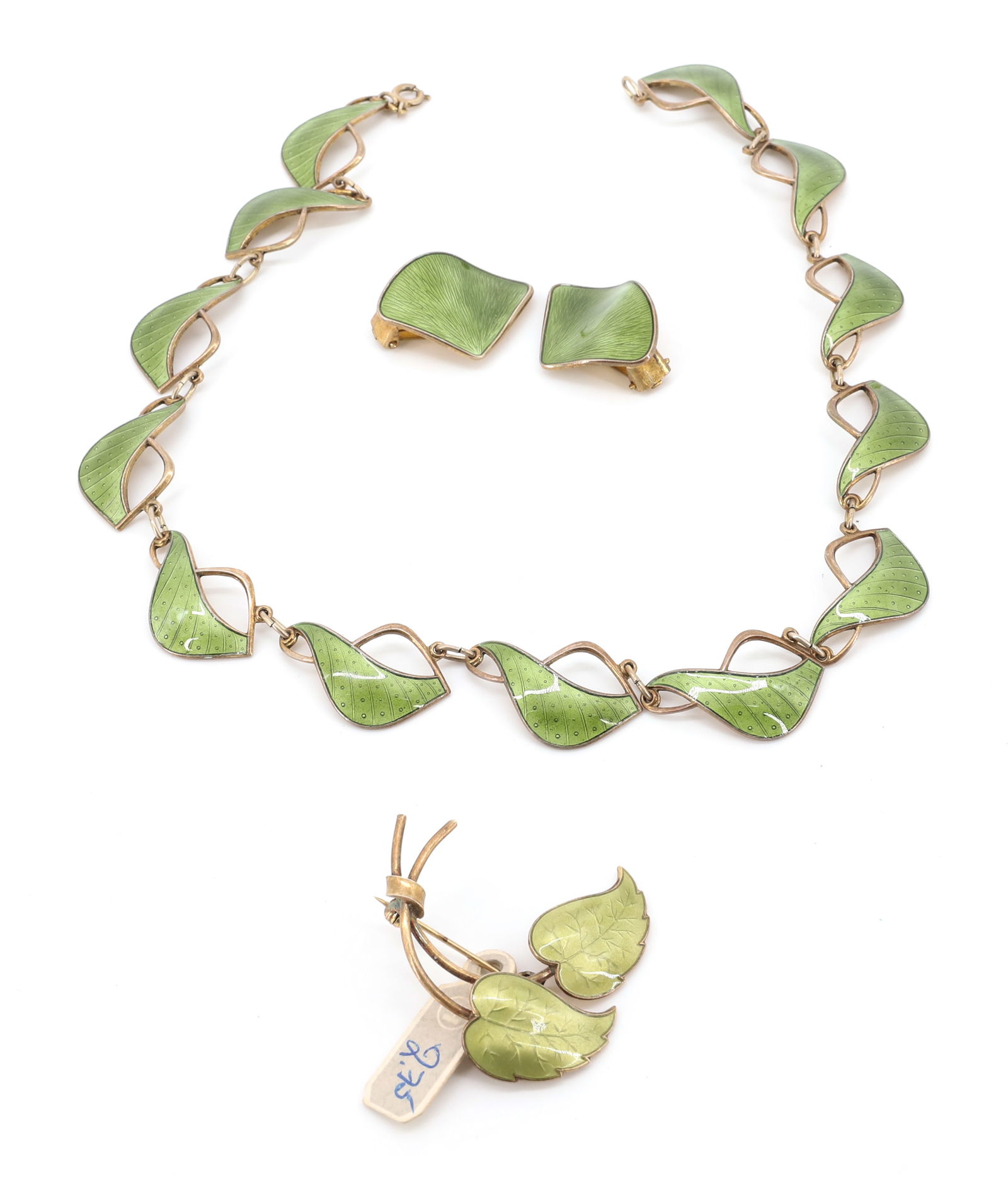 STERLING SILVER ENAMEL JEWELRY NORWAY: GUILLOCHE ENAMEL NECKLACE,BROOCH AND EARRINGS COLORS OF GREEN NECKLACE 14 1/2" TOTAL WEIGHT 1.33 OZT PLEASE READ CAREFULLY - Terms for Purchasing and Shipping of Auction Items. Please read carefully b