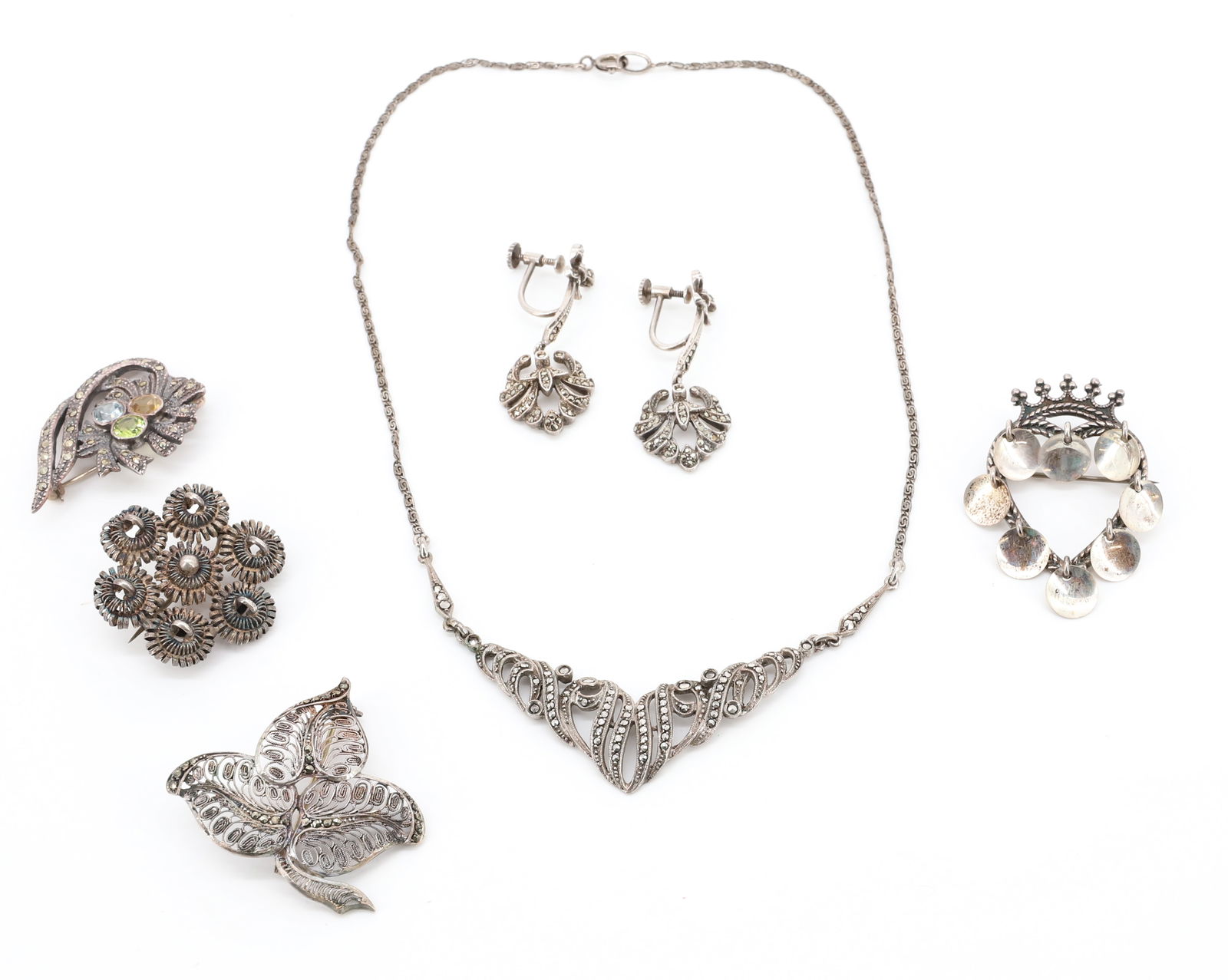 800 SILVER MARCASITE JEWELRY: NECKLACE, DROP EARRINGS, (2)BROOCHES AND FILIGREE BROOCH, HEART AND CROWN BROOCH TOTAL WEIGHT 1.3 OZT PLEASE READ CAREFULLY - Terms for Purchasing and Shipping of Auction Items. Please read carefully