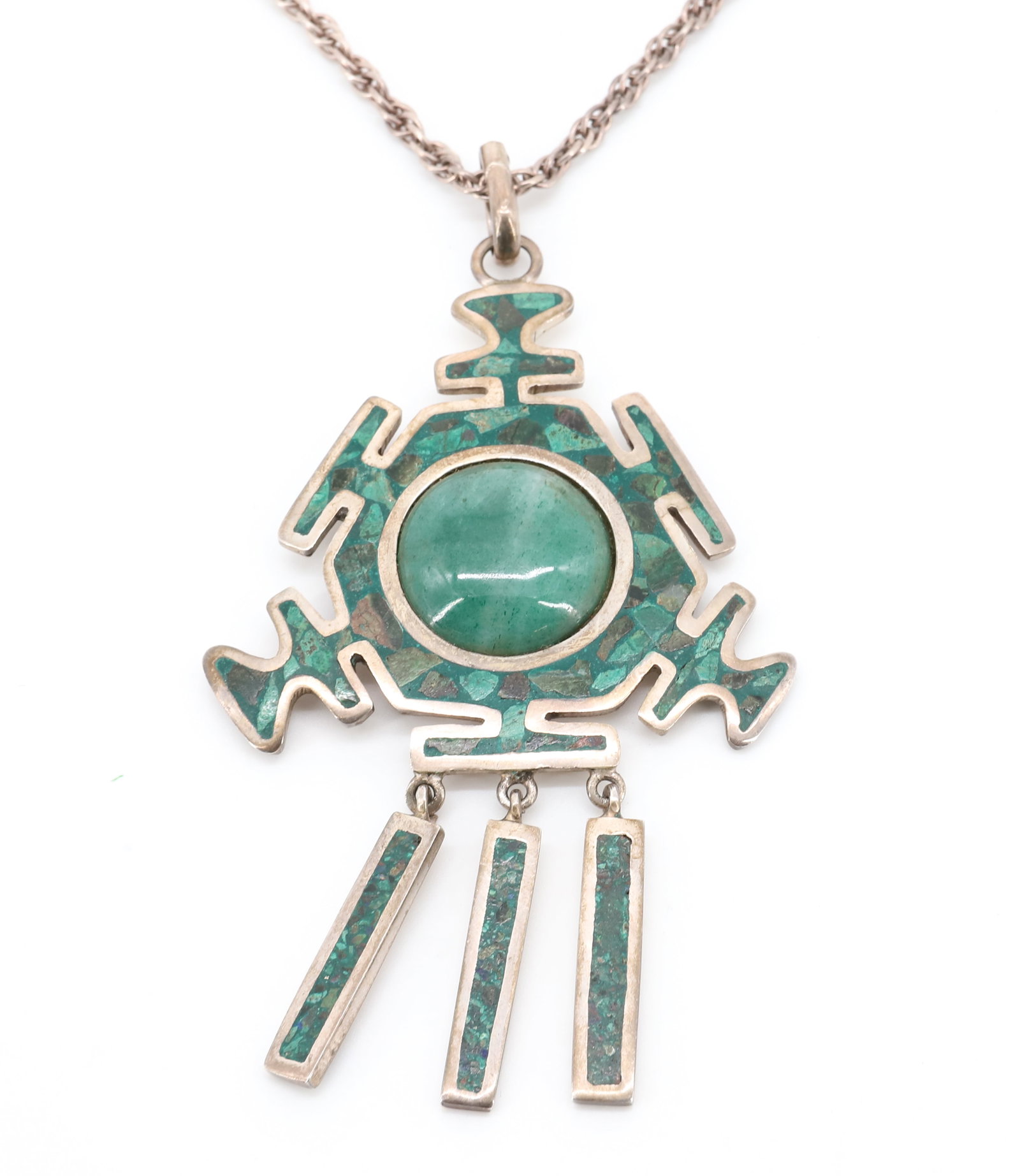 STERLING SILVER/JADE MEXICAN NECKLACE: PENDANT WITH LARGE JADE CABOCHON AND CRUSHED TURQUOISE. MARKED STERLING M.R. HALLMARK CHAIN 16" TOTAL WEIGHT 1 OZT PLEASE READ CAREFULLY - Terms for Purchasing and Shipping of Auction Items. Please re