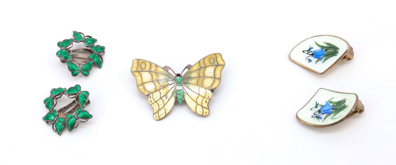 STERLING SILVER/ENAMEL JEWELRY: NORWAY AND DENMARK MARKS BUTTERFLY MARKED STERLING (ATT. DAVID ANDERSEN) AND SMALL HALLMARK, BUTTERFLY AND TWO PAIR CLIP EARRINGS BUTTERFLY 1 1/8" X 1 1/2" TOTAL WEIGHT .76 OZT PLEASE READ CAREFULLY -