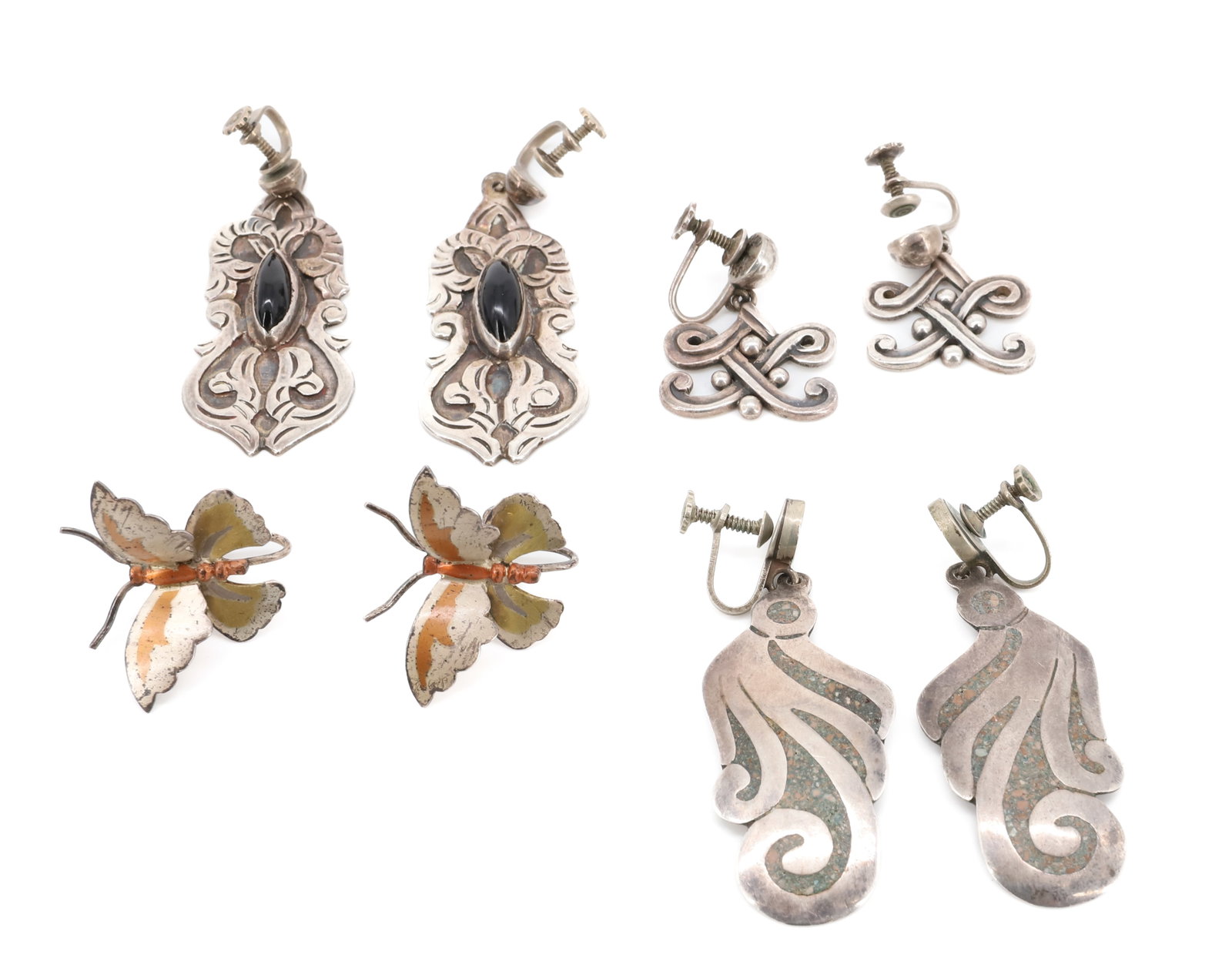 TAXCO STERLING SILVER EARRINGS: (4) PAIR OF EARRINGS MIXED METAL BUTTERFLIES, CRUSHED TURQUOISE, ONYX 1" TO 2 1/4" L TOTAL WEIGHT 1.4 OZT PLEASE READ CAREFULLY - Terms for Purchasing and Shipping of Auction Items. Please read carefu
