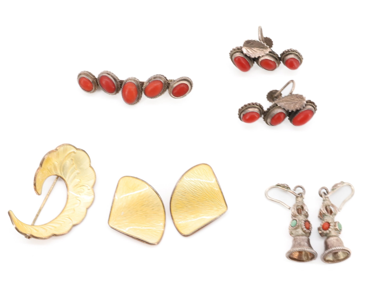STERLING SILVER JEWELRY GROUP: NORWAY ENAMEL CLIP EARRINGS AND BROOCH GOLD YELLOW , MATCHING BROOCH/EARRINGS WITH CORAL,BELL EARRINGS 1 3/3" LARGEST TOTAL WEIGHT 1.1 OZT PLEASE READ CAREFULLY - Terms for Purchasing and Shipping of 