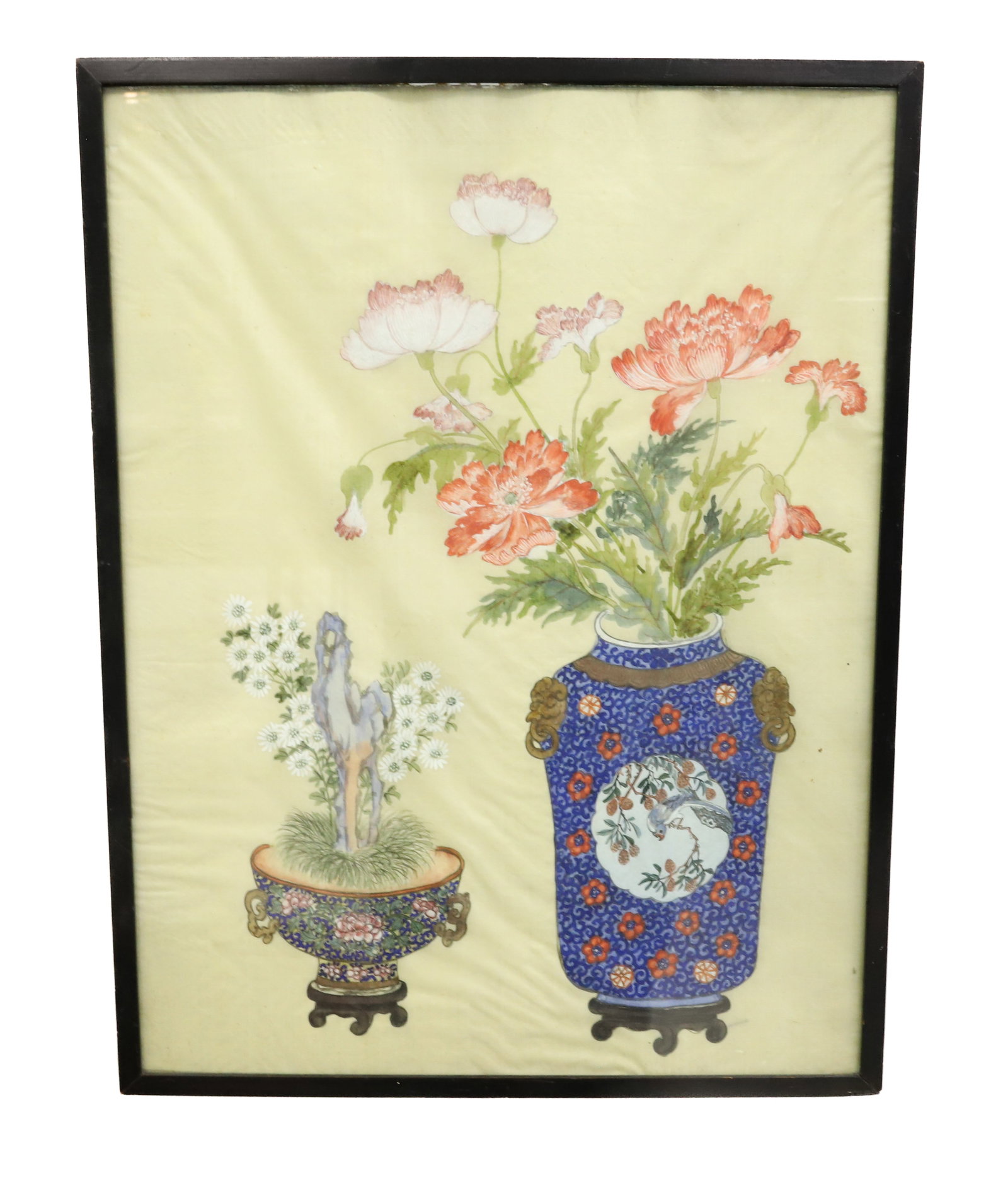 CHINESE PAINTING ON SILK: FLORAL AND PORCELAIN OVERALL 21 1/2" X 16 1/4" PLEASE READ CAREFULLY - Terms for Purchasing and Shipping of Auction Items. Please read carefully before bidding. Hartzell’s Auction Gallery. Hartzell'