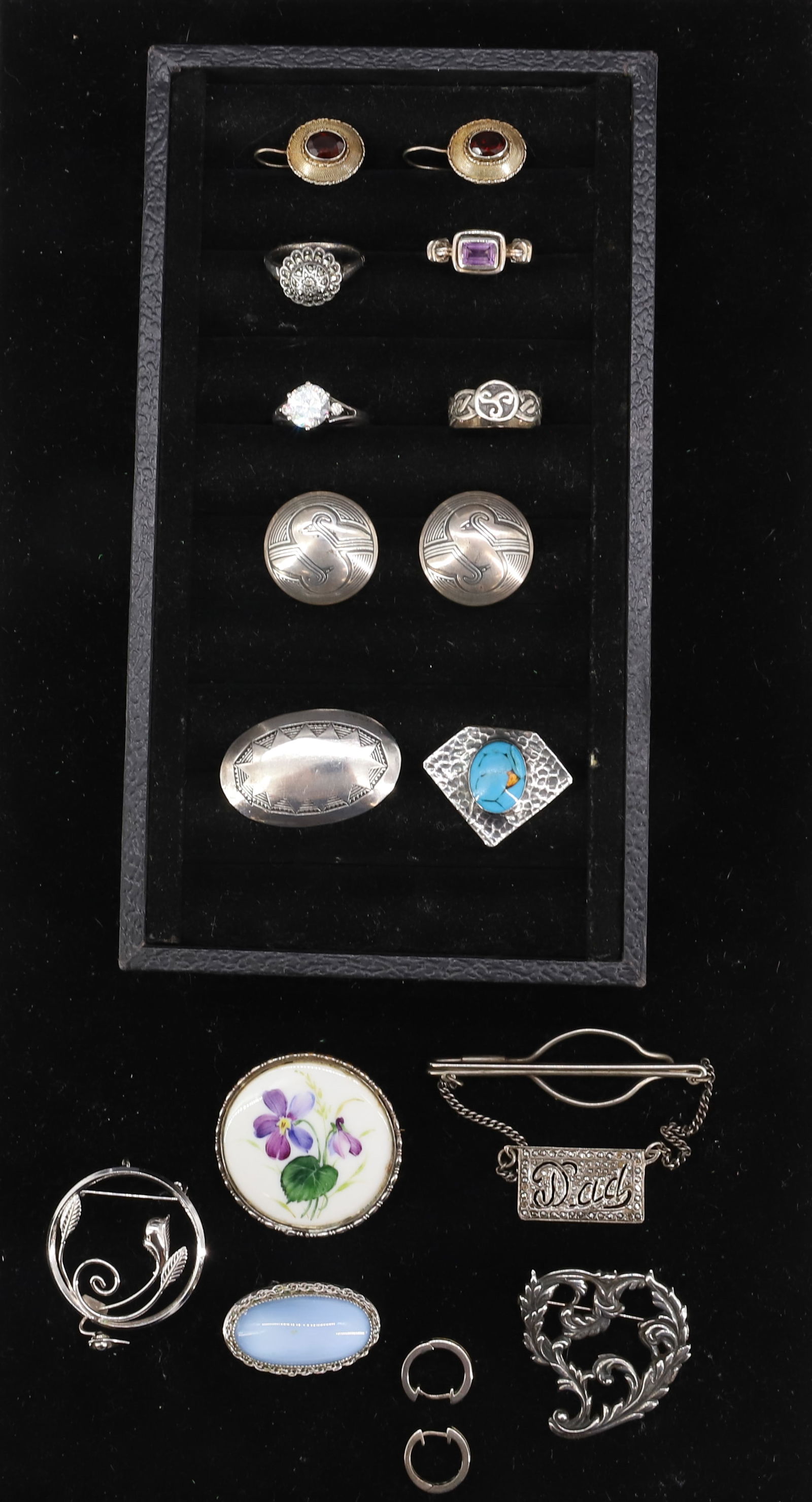 STERLING SILVER JEWELRY LOT: INCLUDES (4) RINGS 6 1/2,7 1/2, 8,9 (3) PAIR EARRINGS, (5) BROOCHES AND MARCASITE TIE CLASP TOTAL WEIGHT 2.85 OZT PLEASE READ CAREFULLY - Terms for Purchasing and Shipping of Auction Items. Please rea