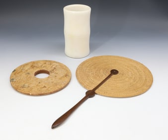 (3) CHINESE STONE ITEMS AND FAN