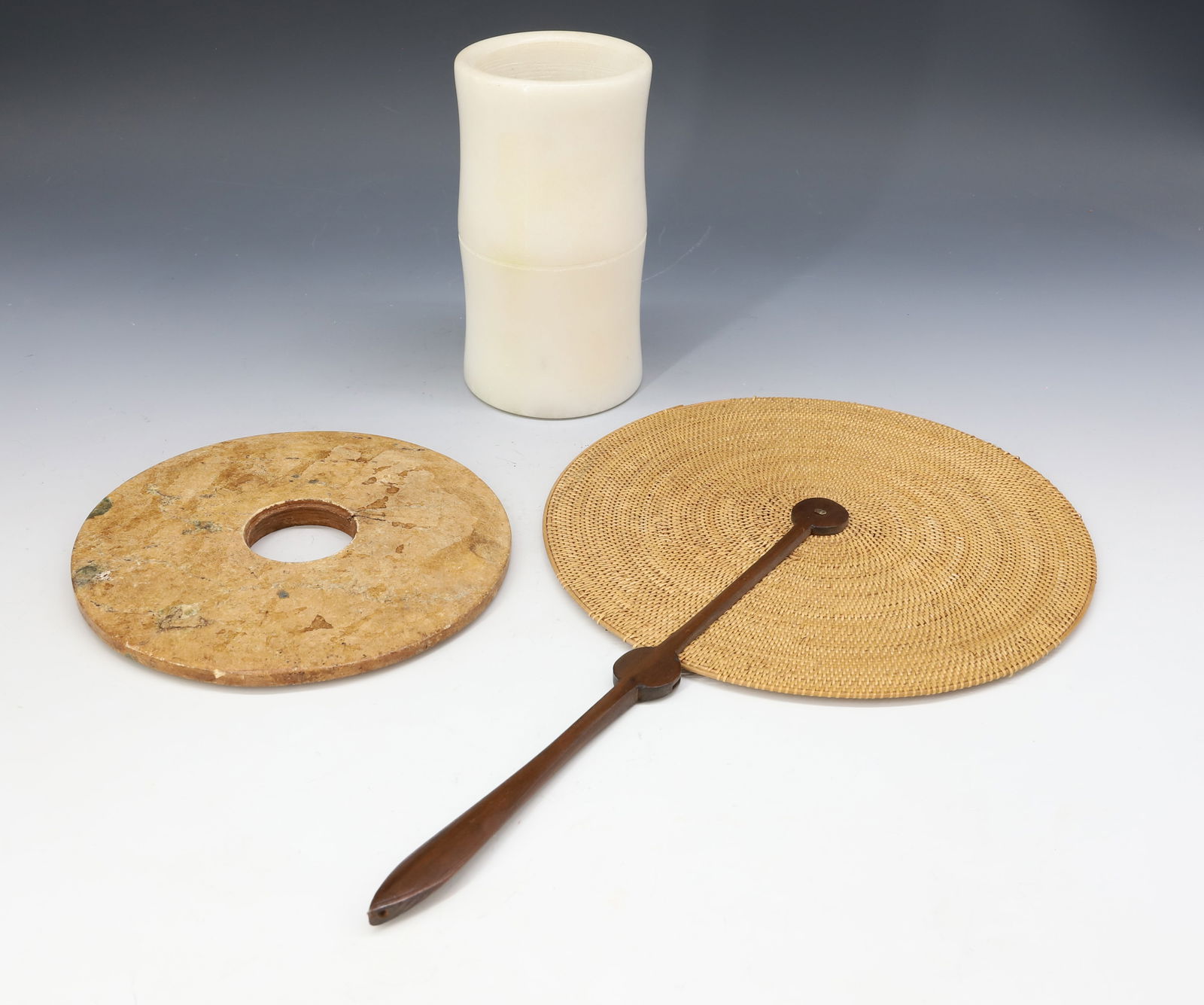 (3) CHINESE STONE ITEMS AND FAN (1 of 5)