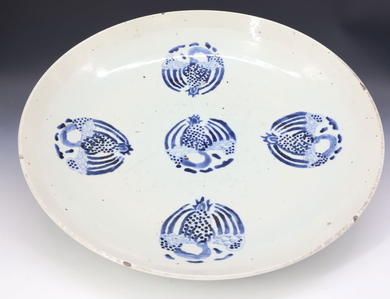 ANTIQUE CHINESE EXPORT BOWL: TWO CHINESE CHARACTERS ON BASE BLUE CIRCULAR GOOSE WITH OPEN WINGS 3" X 16" DIA PLEASE READ CAREFULLY - Terms for Purchasing and Shipping of Auction Items. Please read carefully before bidding. Hartze