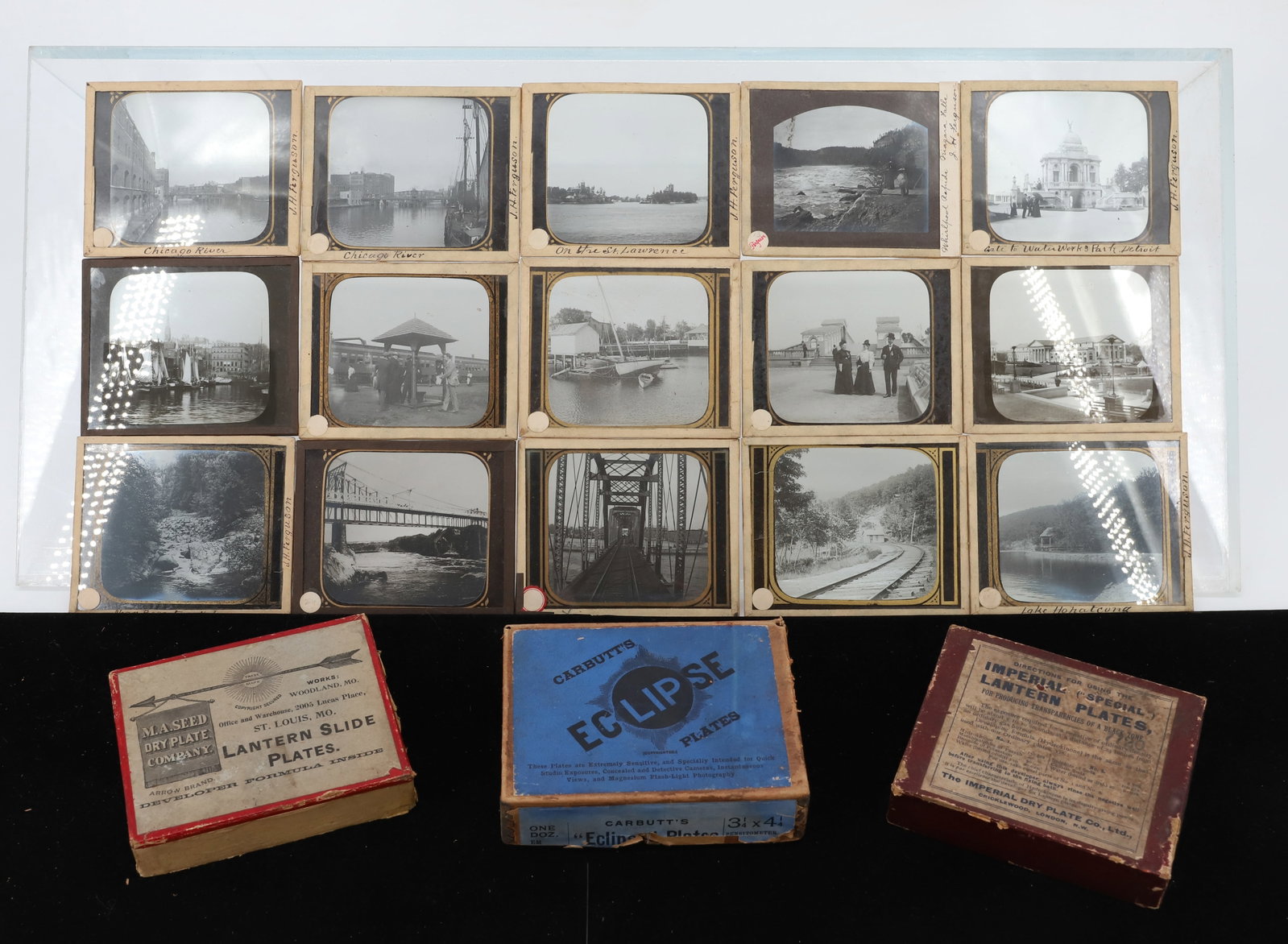 COLLECTION OF (75+) ANTIQUE GLASS SLIDES: SHIPS, PORTRAITS, GOLF, NEW JERSEY LAKE HOPATCONG, BOOTON, WISCONSIN, CHICAGO, STATUE OF LIBERTY,NYC SEVERAL DOZEN SLIDES 3 1/4" X 4" PLEASE READ CAREFULLY - Terms for Purchasing and Shipping of Aucti