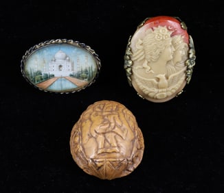 CARVED EROTIC NUT SHELL, (2) BROOCHES