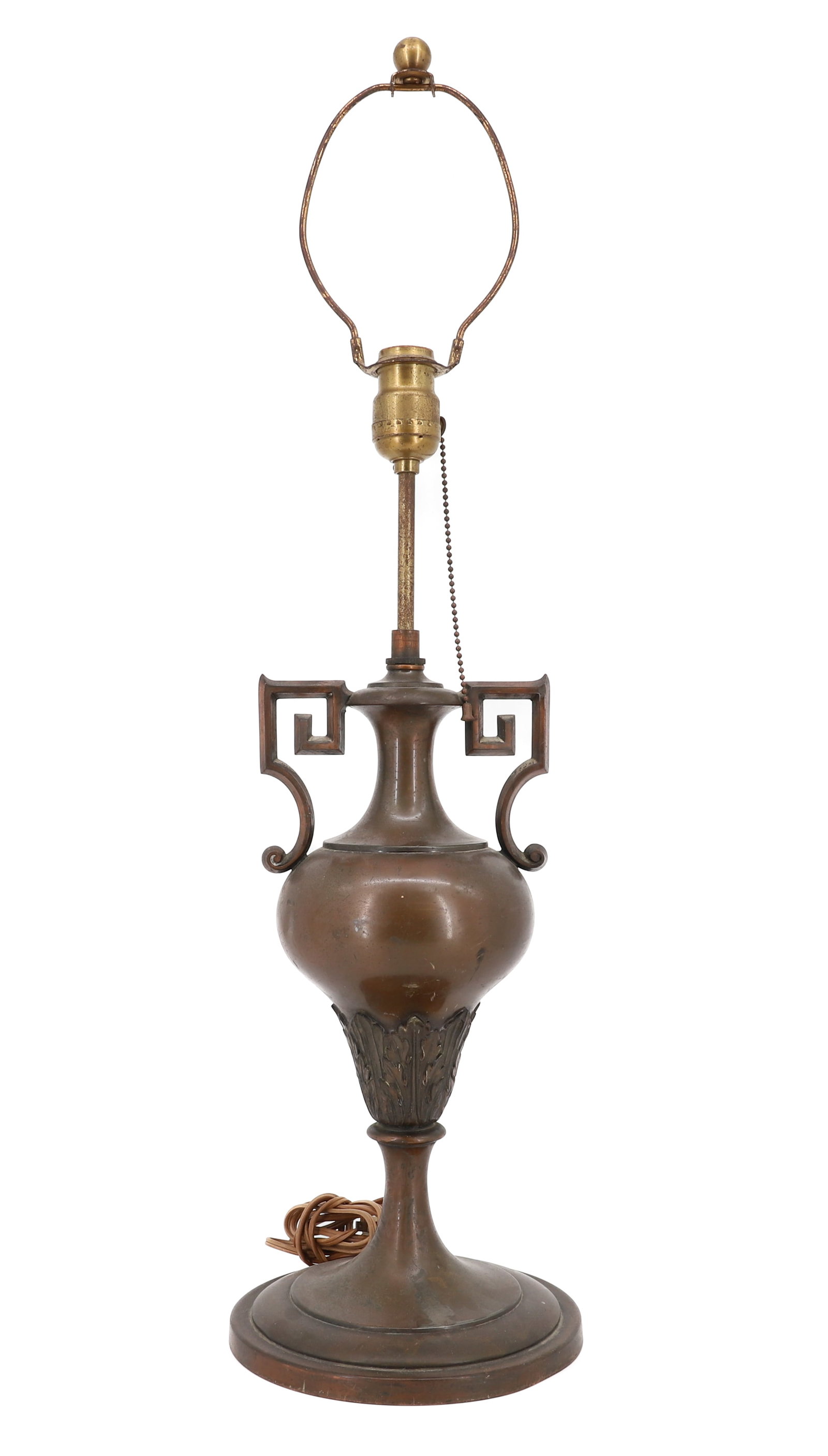 ART DECO GREEK REVIVAL SPELTER LAMP: TWO HANDLES AND ACANTHUS LEAVES ON STANDARD BRONZE PLATED PATINA 28" PLEASE READ CAREFULLY - Terms for Purchasing and Shipping of Auction Items. Please read carefully before bidding. Hartzell’s Auct