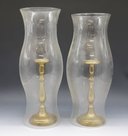 ANTIQUE PAIR BRITISH BRASS CANDLESTICKS AND HURRICANE SHADES