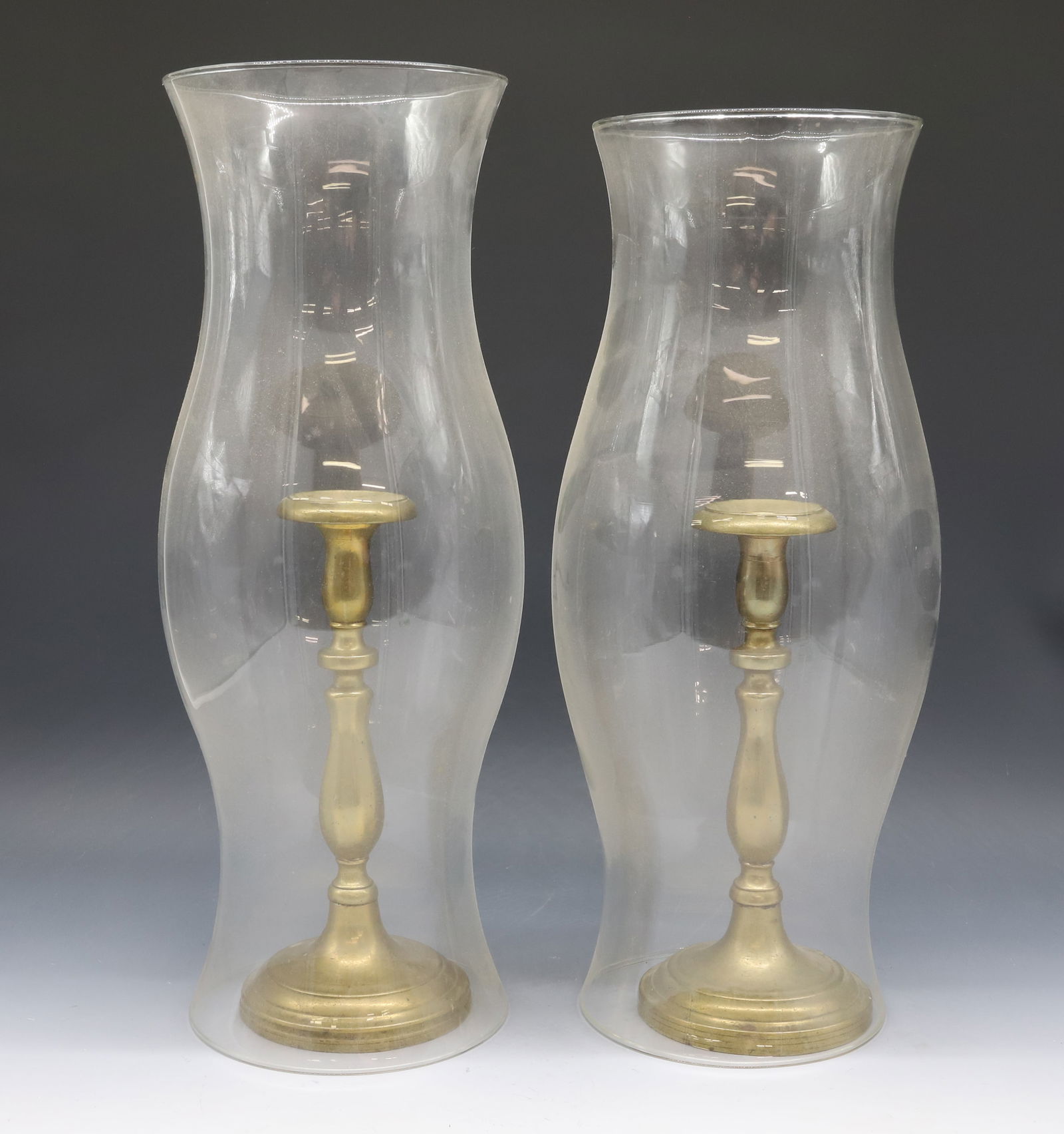 ANTIQUE PAIR BRITISH BRASS CANDLESTICKS AND HURRICANE SHADES (1 of 4)