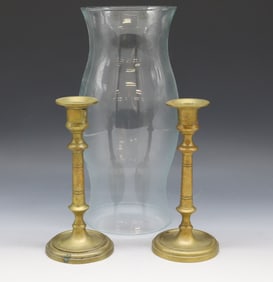 ANTIQUE PAIR BRITISH BRASS CANDLESTICKS AND HURRICANE SHADE