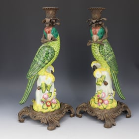 PAIR OF CHINESE CANDLESTICKS FAIENCE PARROTS IN BRASS MOUNTS