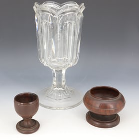 (3) TREEN AND PRESSED GLASS CELERY VASE