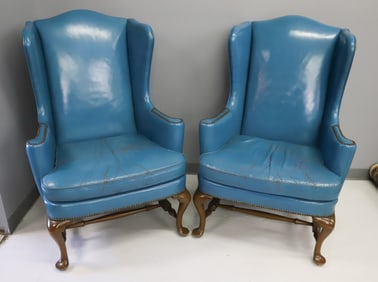 (2) ROYAL BLUE LEATHER ARM CHAIRS