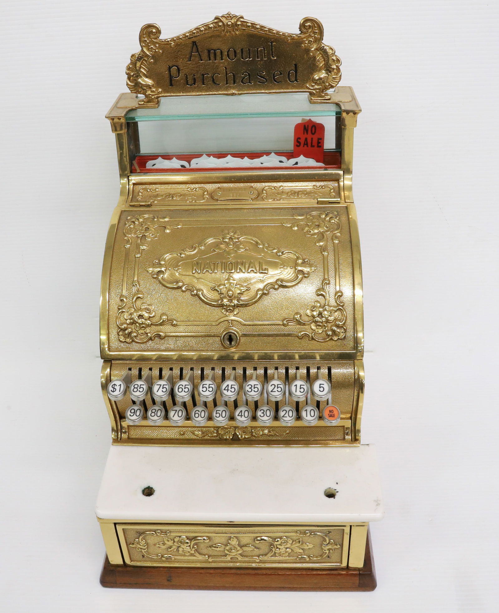 NATIONAL BRONZE CASH REGISTER: # 1200551-334 WITH BRONZE SIGN "AMOUNT PURCHASED" RESTORED/POLISHED LACQUERED 21 1/2" X 11 1/2" X 15 1/2" PLEASE READ CAREFULLY - Terms for Purchasing and Shipping of Auction Items. Please read carefu