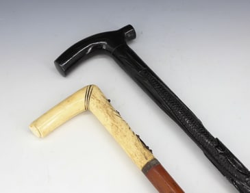 (2) CARVED IRISH CANE AND BONE HANDLED CANE