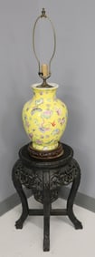 CHINESE CARVED MARBLE TOP STAND AND CHINESE YELLOW LAMP