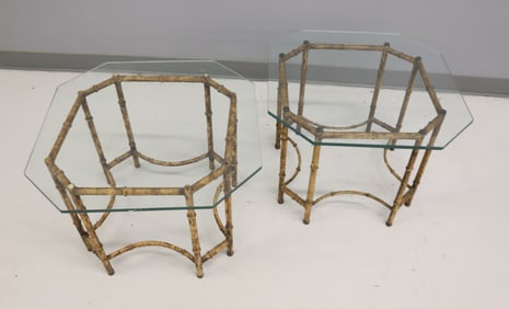 VINTAGE (2) METAL BAMBOO AND GLASS END TABLES
