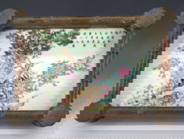 CHINESE HAND PAINTED TILE WITH BAMBOO WOOD STAND