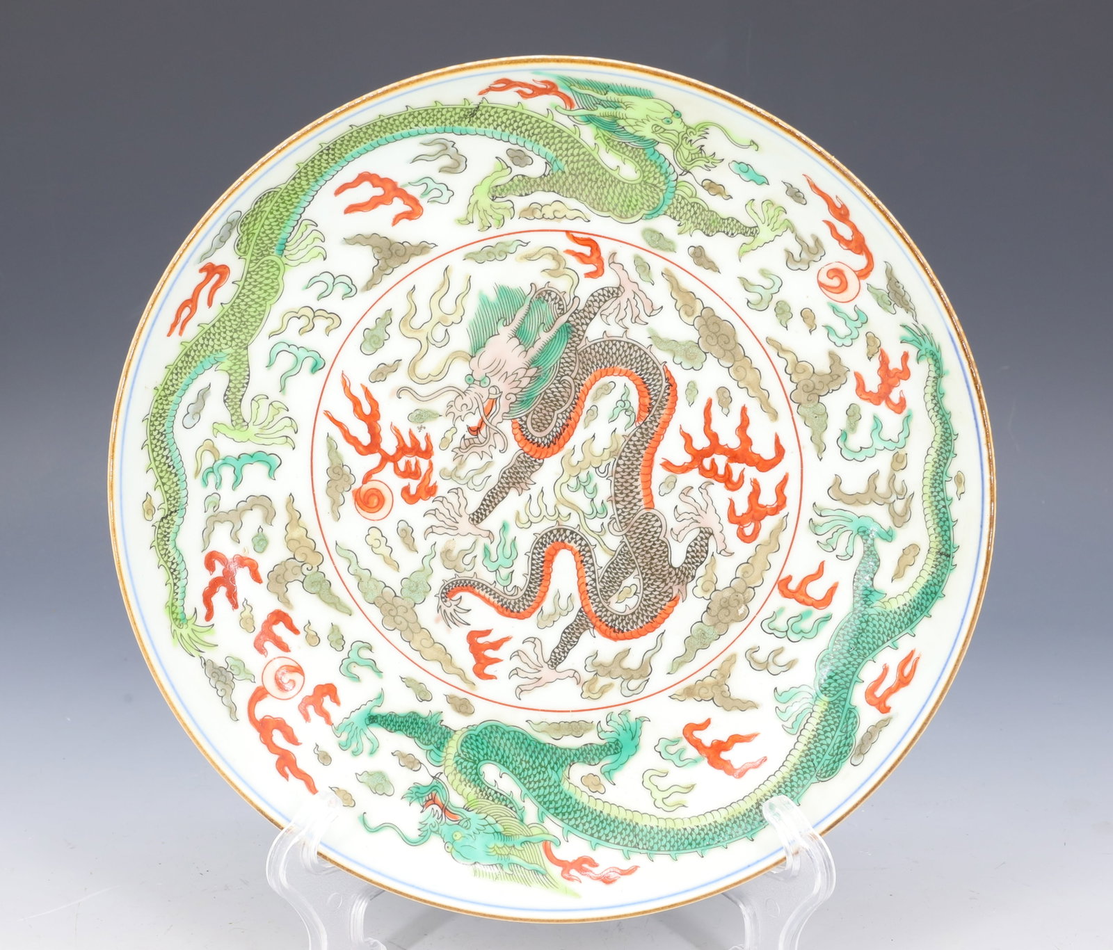 CHINESE DOUCAI PORCELAIN BOWL: GREEN AND BROWN DRAGONS (6) UNDERGLAZE BLUE CHARACTER MARKS 1 3/4" X 8 3/4" PLEASE READ CAREFULLY - Terms for Purchasing and Shipping of Auction Items. Please read carefully before bidding. Hartzell��