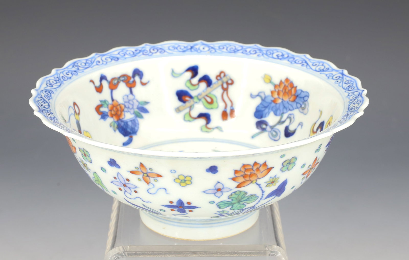 CHINESE DOUCAI PORCELAIN BOWL: UNDER GLAZE CHARACTER MARKS PLUM FRUIT WITH BATS 2 3/8" X 6" PLEASE READ CAREFULLY - Terms for Purchasing and Shipping of Auction Items. Please read carefully before bidding. Hartzell’s Auction Gall