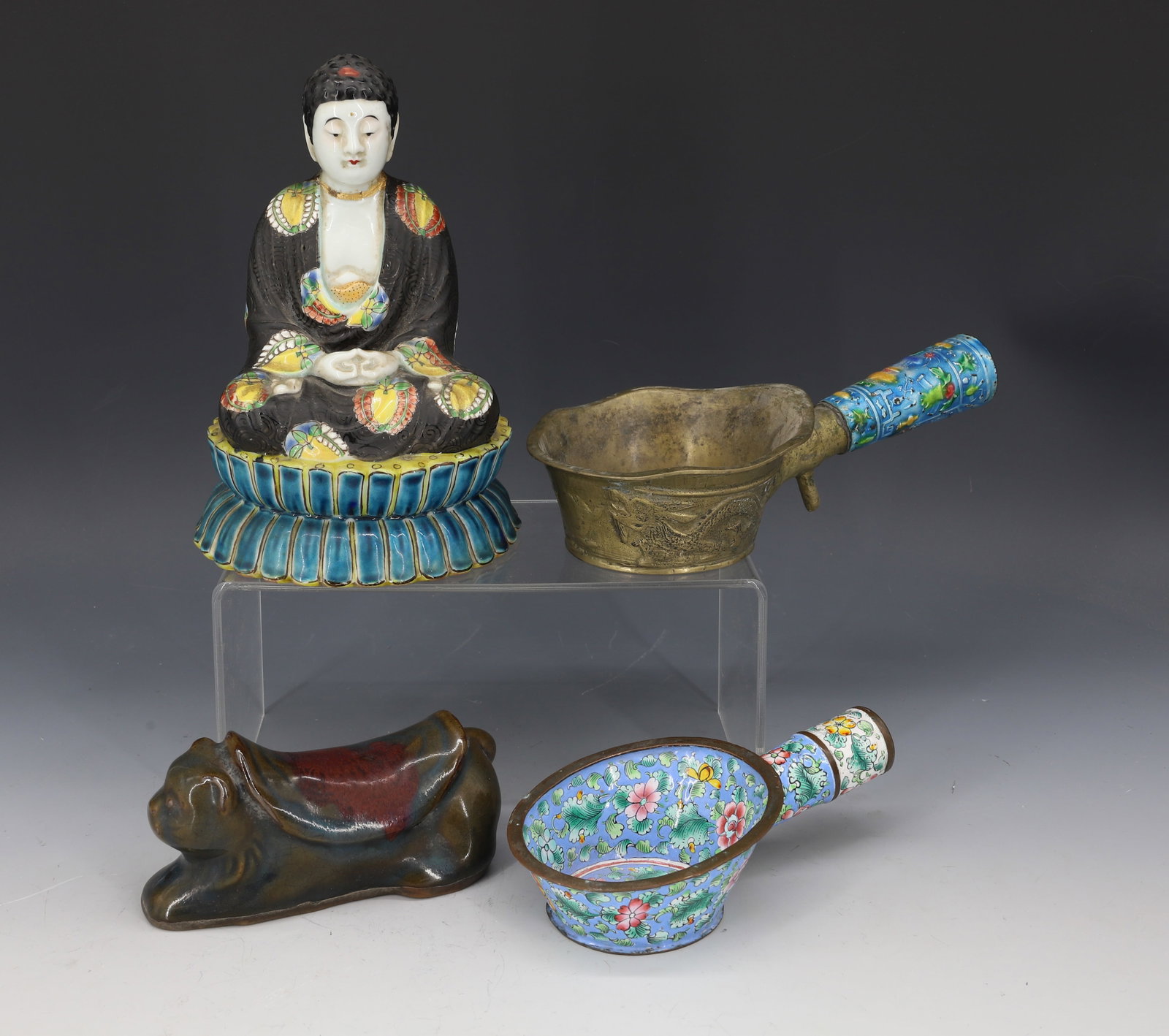(4) CHINESE BUDDHA, IRONS ETC: BUDDHA, CAT LAYING DOWN AND ENAMEL IRON AND BRASS IRON ENAMEL HANDLE 7 1/2"H,5 1/4"L, 6" AND 8 3/8"L PLEASE READ CAREFULLY - Terms for Purchasing and Shipping of Auction Items. Please read carefully b