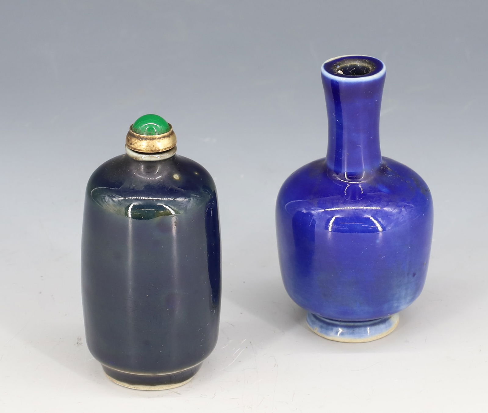 (2) PORCELAIN SNUFF BOTTLES COBALT BLUE GLAZE (1 of 3)