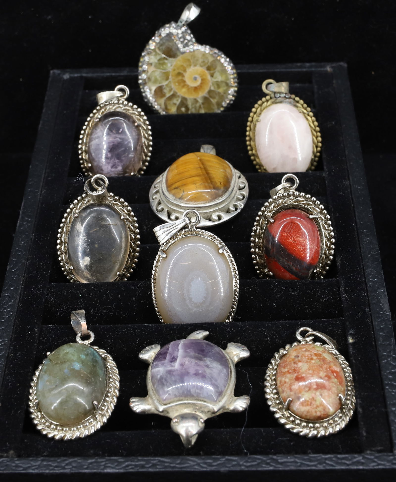 ASIAN HARDSTONE CABOCHON PENDANTS: METAL SETTINGS ONE WITH FOSSIL TIGERS EYE, QUARTZ, AMETHYST ETC 1 1/2"X 3/4" PLEASE READ CAREFULLY - Terms for Purchasing and Shipping of Auction Items. Please read carefully before bidding. Hartzell�