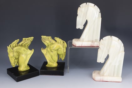 (2) PAIRS OF HORSE BOOKENDS, ONYX AND METAL